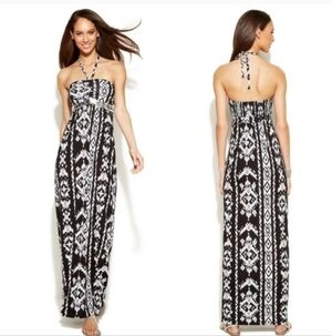 INC black white embellished ikat tribal print maxi dress 2x NWT